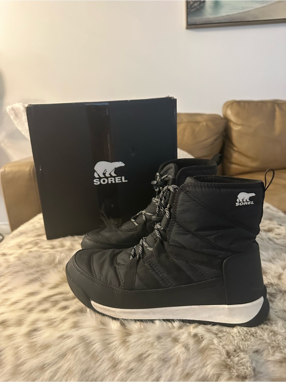 Sorel WHITNEY III Black Winter Lace-Up Boots with White Midsole